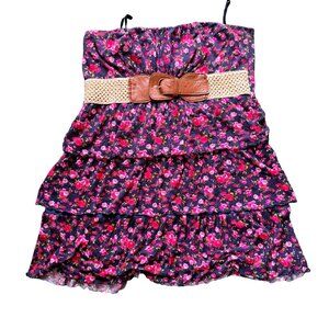 Deb Strapless Floral Tiered Mini Dress Navy Pink Y2K Vintage 3X Plus Size